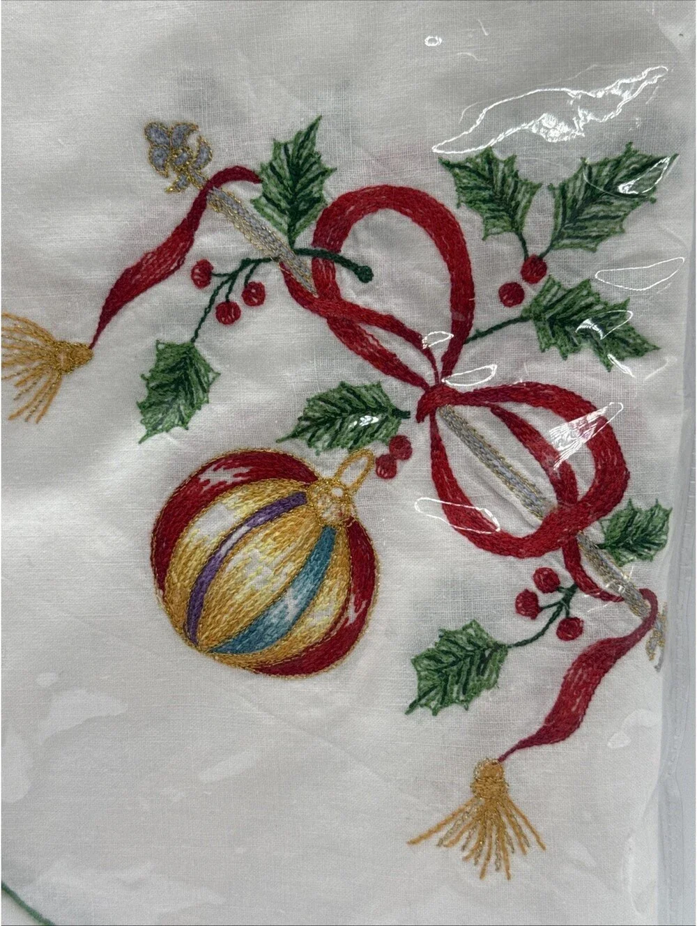 Vintage 1999 Jabara Christmas Ornaments Tablecloth Embroidered 65”x84” Cotton